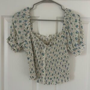 Aerie Cream Ditsy Floral Puff Sleeve Blouse